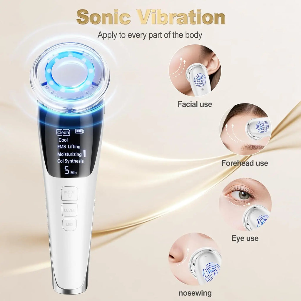 5-in-1 Microcurrent Facial Massager – Red & Blue Light, Cooling, Ion & Skin Tightening Beauty Device