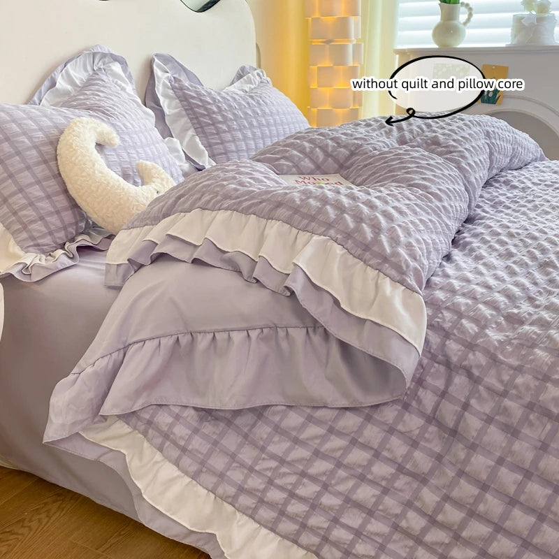 Korean Seersucker Lace Duvet Cover Set – 3-Piece Bedding, 3 Colors & 10 Sizes