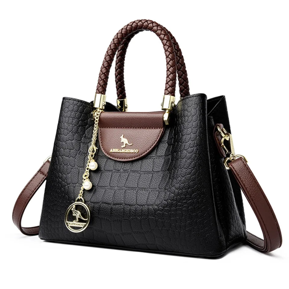 VANDERWAH Woven Handle Alligator Microfiber Leather Tote – Luxury Designer Shoulder Handbag for Women