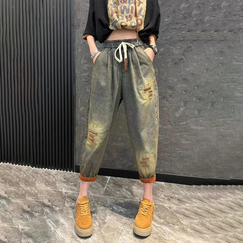 Women's Loose Plus Size Denim Jeans Two-Piece Set | Hooded Printed Casual Fashion Suit