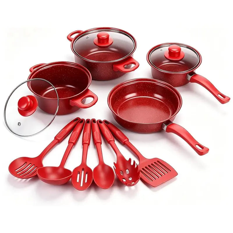 13-Piece Nonstick Cookware Set – Red Pots, Pan & Utensils