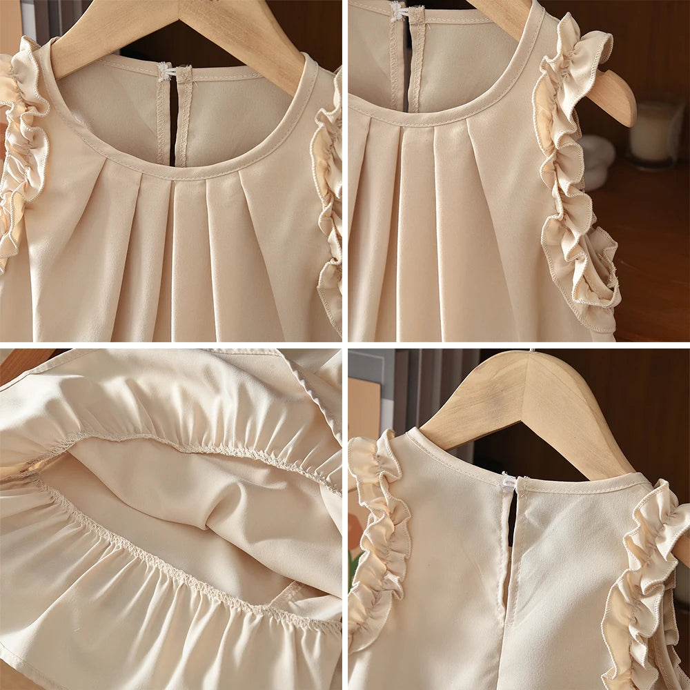Korean Sleeveless Pleated Girls Dress — Solid Color Round Neck Summer Kids Dress
