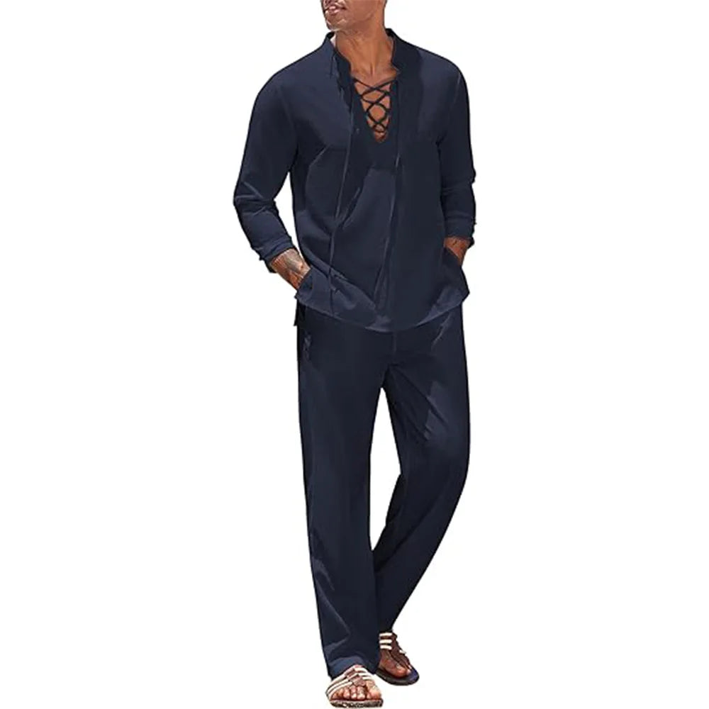 Men's Cotton Linen Shirt & Pants Set – Solid Color Hawaiian Beach Vacation Casual 2-Piece