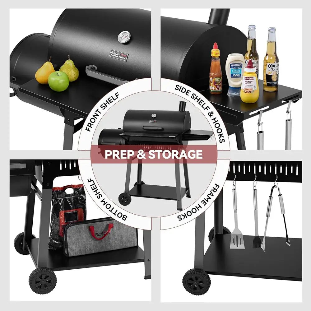 Large 824 Sq. In. Charcoal Grill with Offset Smoker | Tool Hooks, Bottom Shelf, Adjustable Charcoal Pan, Molded Wheels