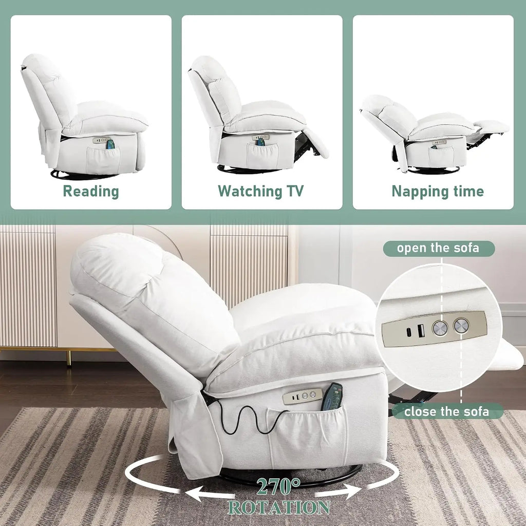 Chenille Power Recliner with Heat, Massage & USB-C