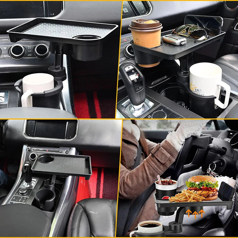 A 4-panel collage showing a black car center console tray organizer in use inside a vehicle. The organizer is mounted over cup holders and console slots, holding mugs, sunglasses, a coffee cup, and a burger with fries and a drink.