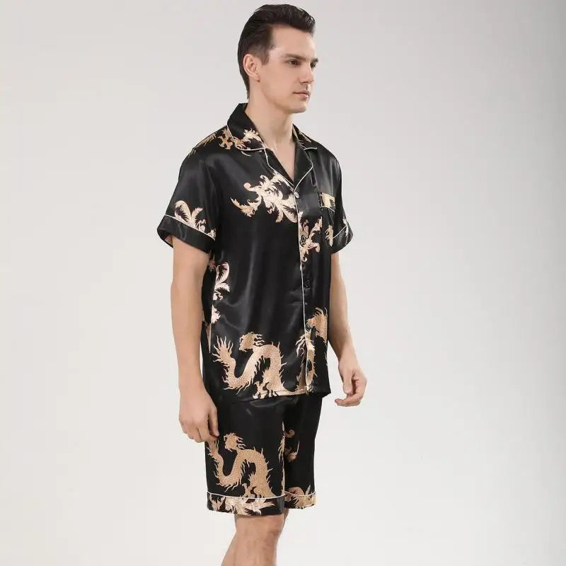 Men's Dragon Print Satin Pajama Set — Lapel Shirt & Shorts