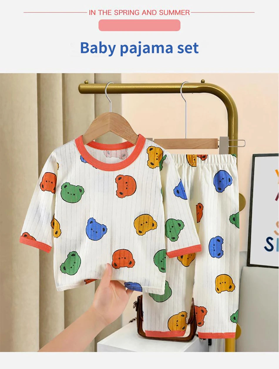 Kids' Cartoon Bear Long Sleeve Pajamas Set | Soft Breathable Sleepwear Boys & Girls
