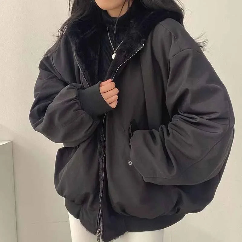 Women's Hooded Fleece Parka – Thick Zip-Up Korean Loose Winter Coat
