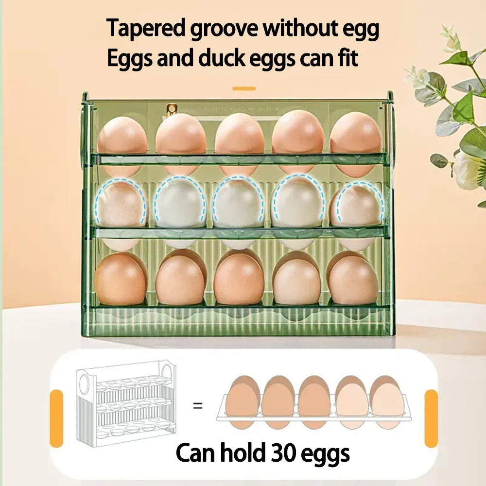 3-Layer Flip Egg Storage Box for Refrigerator – Holds 30 Eggs, Space-Saving Fridge Door Organizer