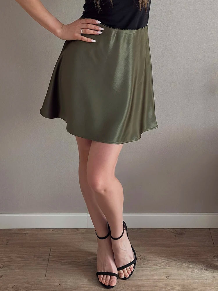 Women's Satin Mini Skirt – High Waist A-Line Luxury Office Wear in Black, Brown & Beige