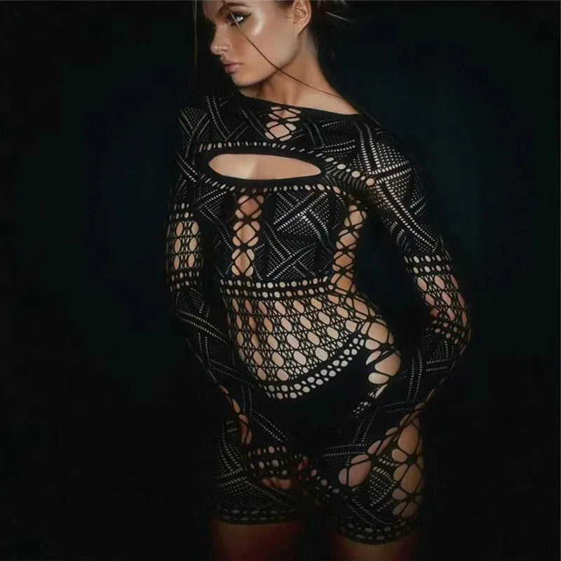 Women's Hollow Out Lace Bodycon Jumpsuit – Sexy Tight Lingerie Long Dress