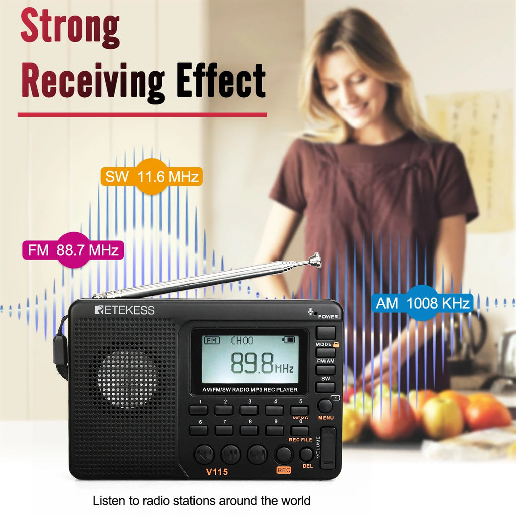 RETEKESS V115 Portable FM AM SW Radio — Rechargeable with USB