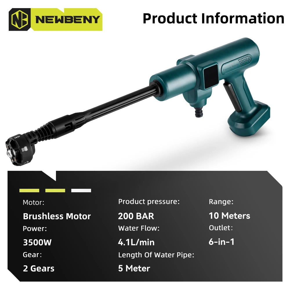 200 Bar Brushless Cordless Pressure Washer Gun – 6-in-1 Nozzle, 18V Battery Compatible