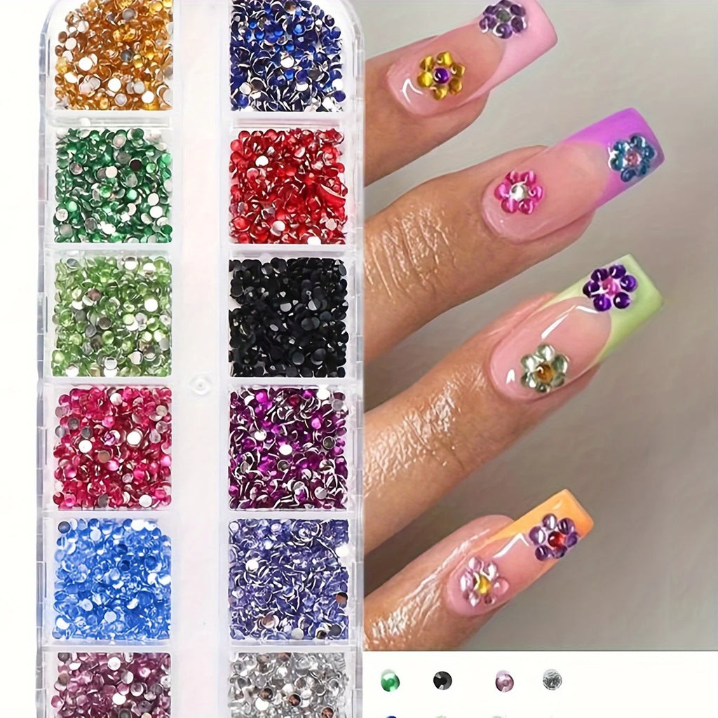 12-Grid Crystal Nail Art Rhinestones — Flatback Gemstone Decoration Set