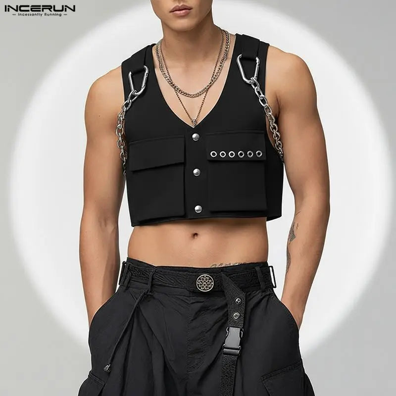 INCERUN Men's V-Neck Sleeveless Crop Vest — Solid Color Streetwear Waistcoat