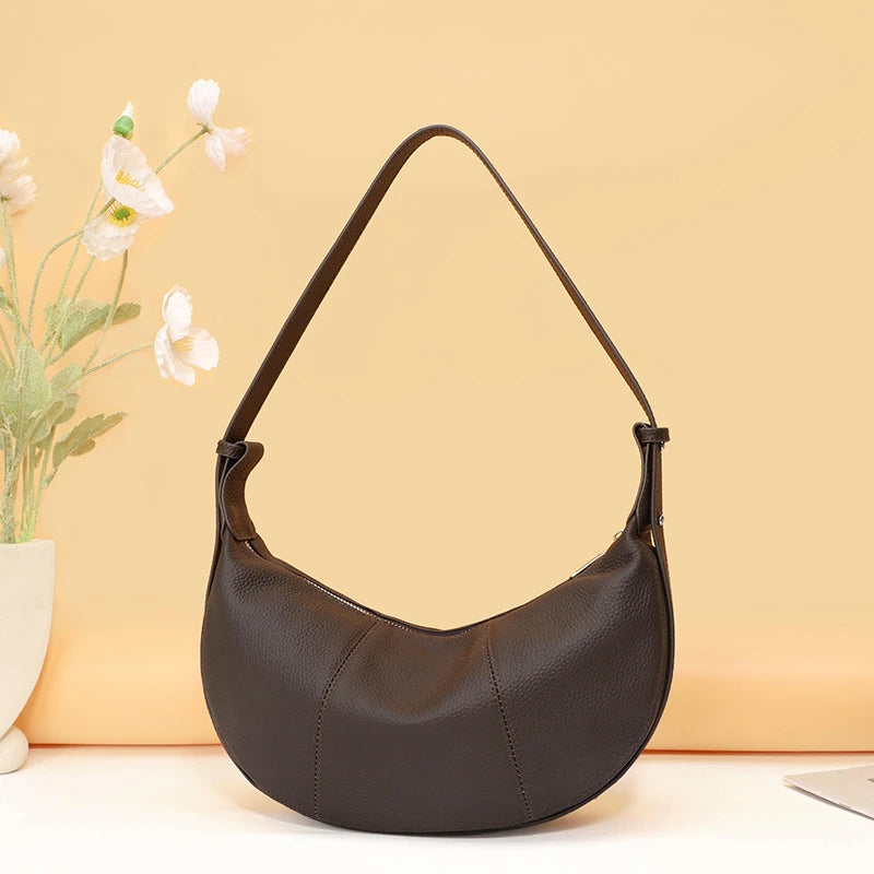 Badiman Genuine Cowhide Half-Moon Underarm Bag – Large Capacity Shoulder Crossbody Tote for Women