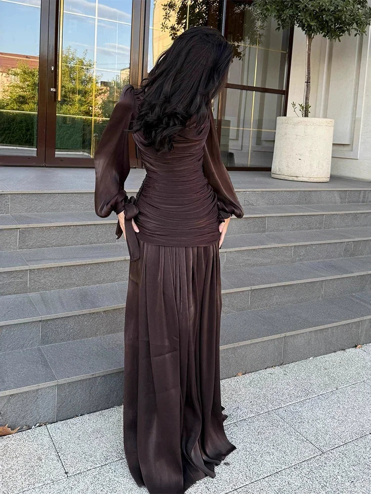 Women's Fashion Draped Design Solid Long Dress 2026 Casual Commute Waist Party Dresses Elegant O-neck Long Sleeve Evening Dress