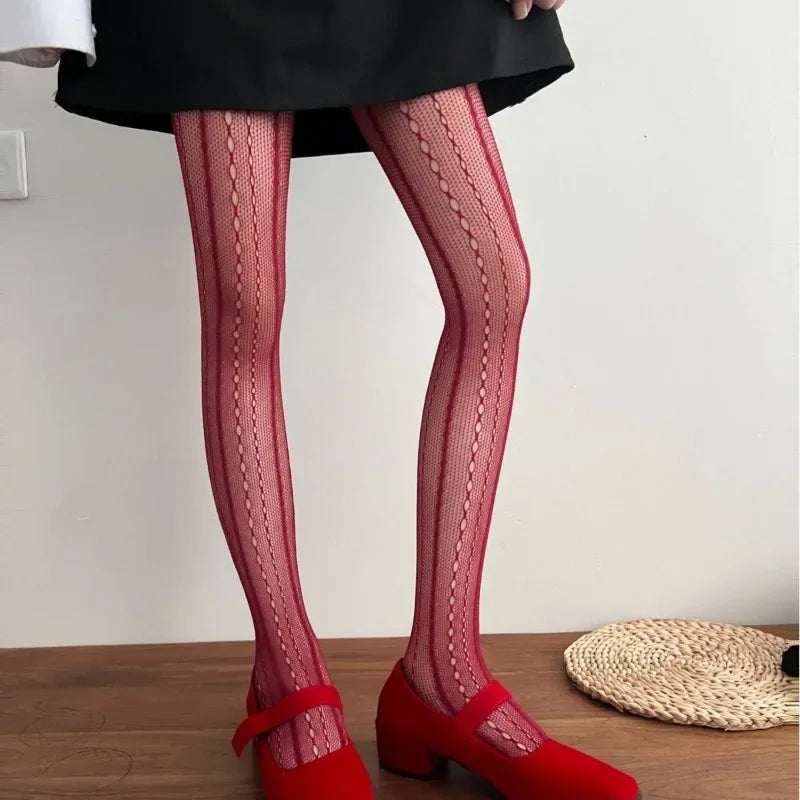 Gothic Fishnet Pantyhose – Ripped Lace Silk Stockings Y2K Punk Hollowed-Out Retro Tights