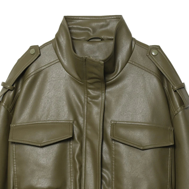 Women's Green Faux Leather Jacket – Zip-Front Streetwear