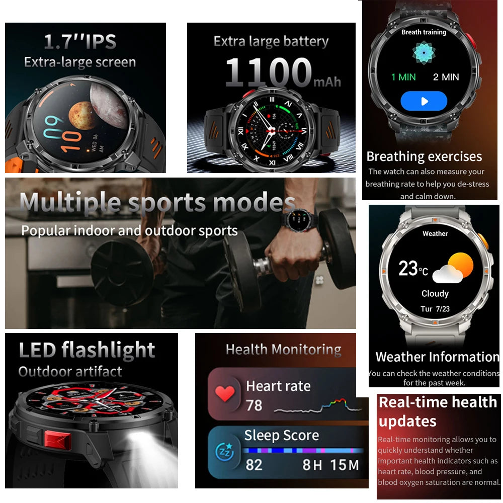T-Rex3 Pro GPS Military Smartwatch – 1100mAh, 5ATM Waterproof, Sports Run Tracker & Compass