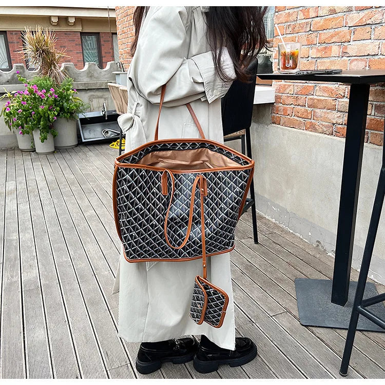 Embroidered Geometric PU Tote Shoulder Bag – Versatile Large Capacity Shopping Class Bag for Women