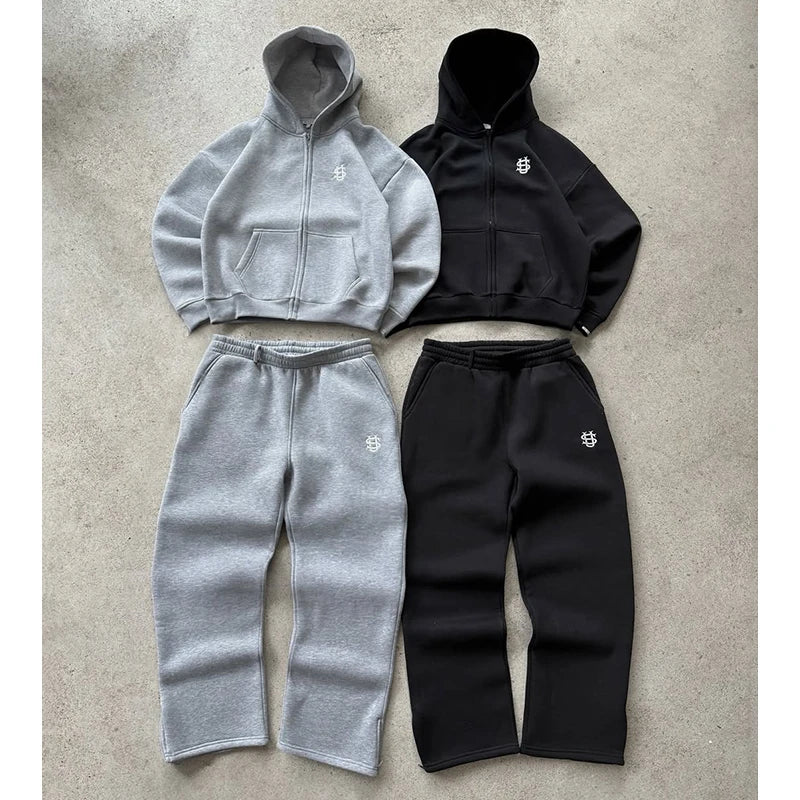 Men's Solid Color Oversized Hoodie & Sweatpants Set – Loose Pullover Street Fashion