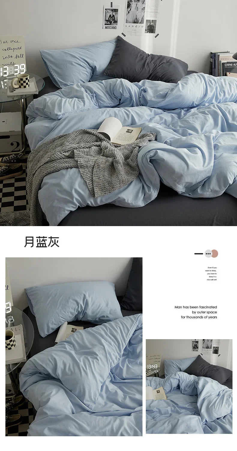 Solid Color Washed Cotton Bedding Set – 4-Piece Duvet Cover, Bed Sheet & Pillowcases, Twin to King
