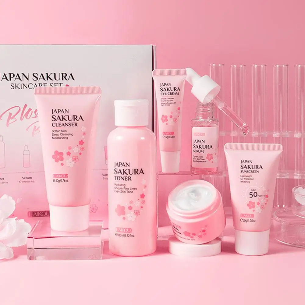 LAIKOU Sakura 6-Piece Skincare Gift Set – Full Routine with Cleanser, Toner, Serum, Eye Cream, Cream & Sunscreen