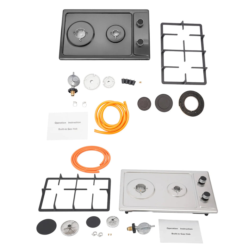2-Burner Stainless Steel Gas Hob – 3KW + 1.75KW, Portable Countertop or Flush Mounted, 51x31x10cm