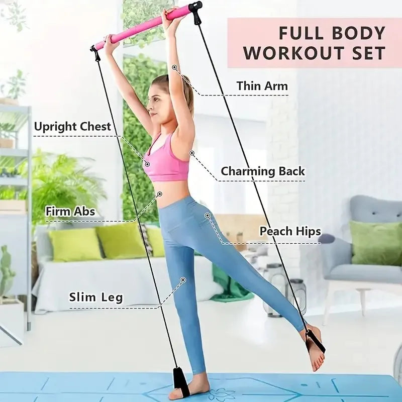 Pilates Stick – Multi-Functional Fitness & Yoga Equipment, Elastic Exercise Bar with Hip Pulling Rope for Home Training