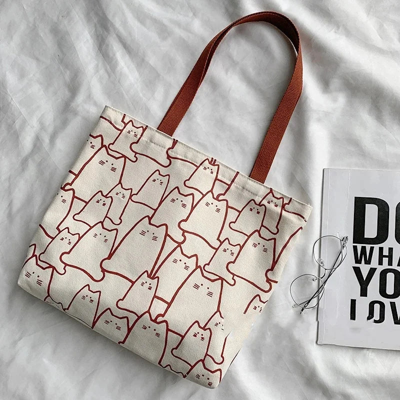 Cute Cat Canvas Tote Bag – Japanese Style Cartoon Shoulder Bag with Zipper for Women