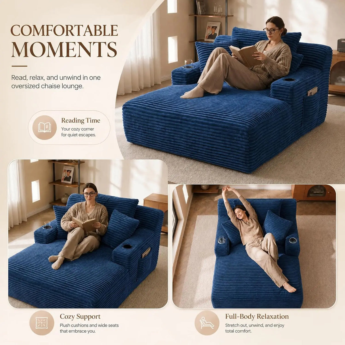 66-Inch Corduroy Chaise Lounge with 3 Pillows
