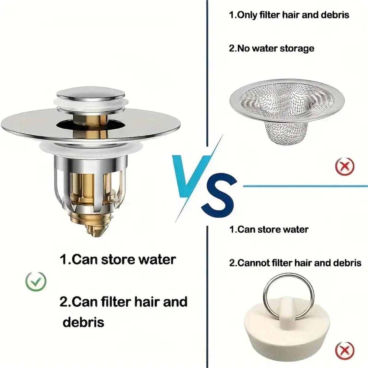 No More Clogged Drains — Pop-Up Chrome Sink Drain Stopper | Universal Rebound Filter with Hair Catcher, Easy Push Type