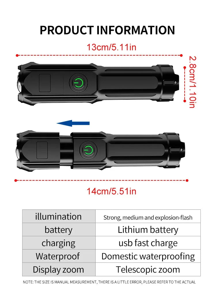 F15-T Tactical LED Flashlight – Zoomable, 4-Mode, USB Rechargeable, Waterproof Fishing Hunting Camping Torch