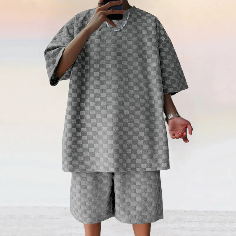 Men's Oversized Chessboard Plaid Shirt & Shorts Set – Loose Summer Leisure 2-Piece