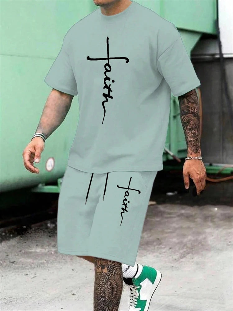 Men's Cross Print Short Sleeve T-Shirt & Shorts Set – Casual 2-Piece