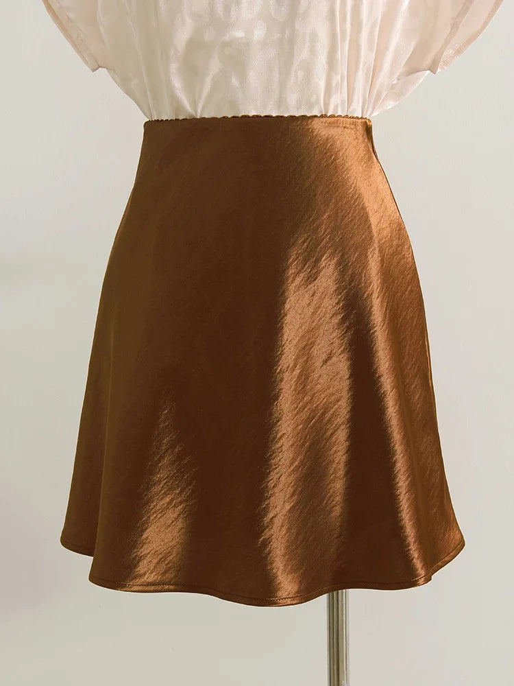 Women's Satin Mini Skirt – High Waist A-Line Luxury Office Wear in Black, Brown & Beige