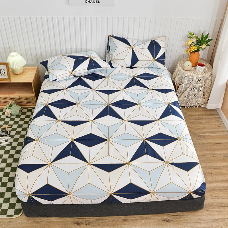 White Marble Print Fitted Bed Sheet with Elastic Band | Single, Queen & King Size, All-Around Bed Cover