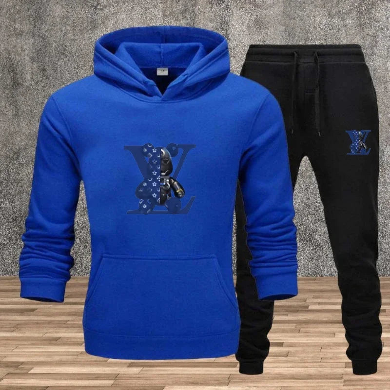 Men's Printed Hoodie Sweatshirt Set – 2-Piece Fleece Jogging Tracksuit