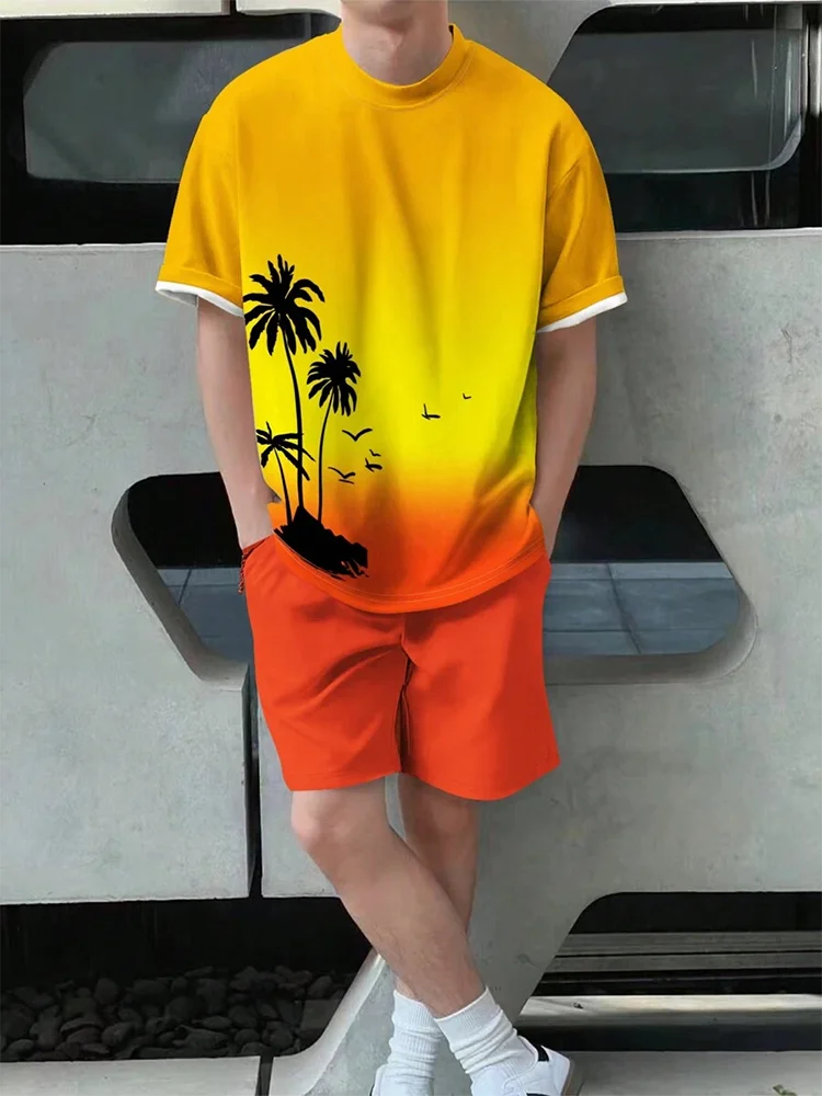 Men's Hawaiian Beach Print Short Sleeve T-Shirt & Shorts Set – Lightweight Sportswear