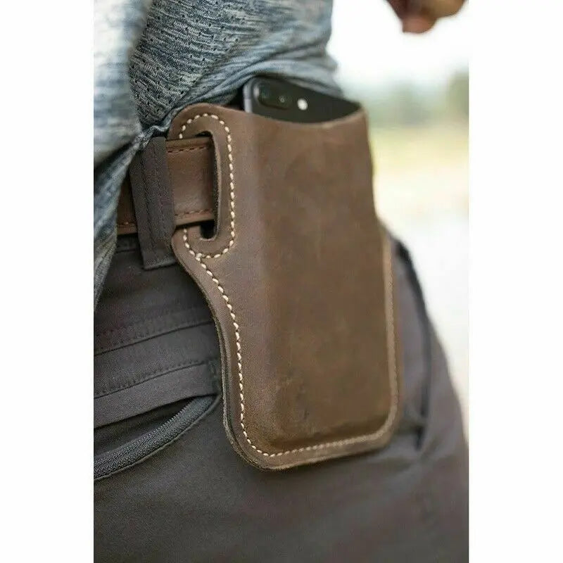 Men's Leather Phone Holster Belt Bag – Cellphone Loop Waist Pouch & Running Travel Wallet
