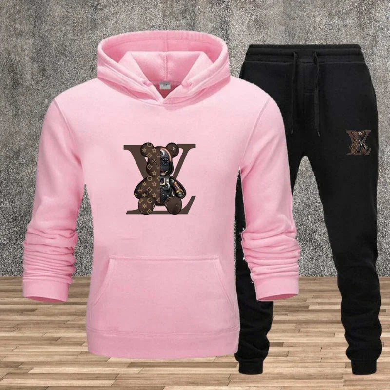 Men's Printed Hoodie Sweatshirt Set – 2-Piece Fleece Jogging Tracksuit