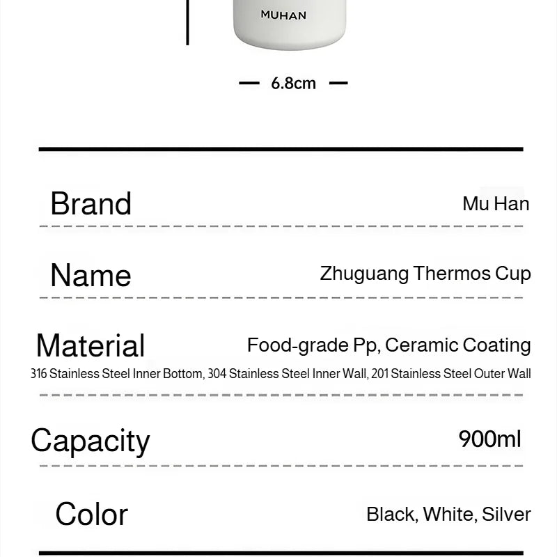 900ml Ceramic Interior Tumbler with Handle & Straw – 201 SS Shell, Dishwasher Safe, 24Hr Cold, Modern Minimalist, 3 Colors
