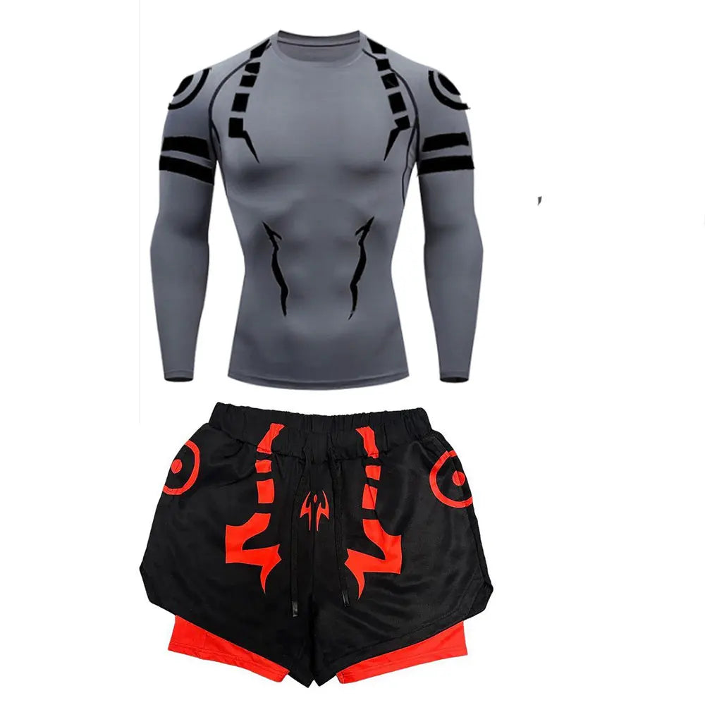 Anime Jujutsu Kaisen 3D Compression Shirt & Gym Shorts – Quick Dry Running Workout Sportswear