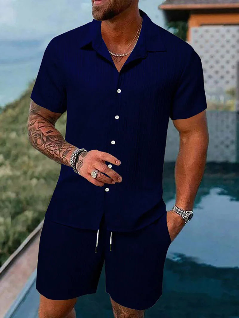 Men's Striped Polo Cardigan & Drawstring Shorts Sports Suit – Solid Color 2-Piece