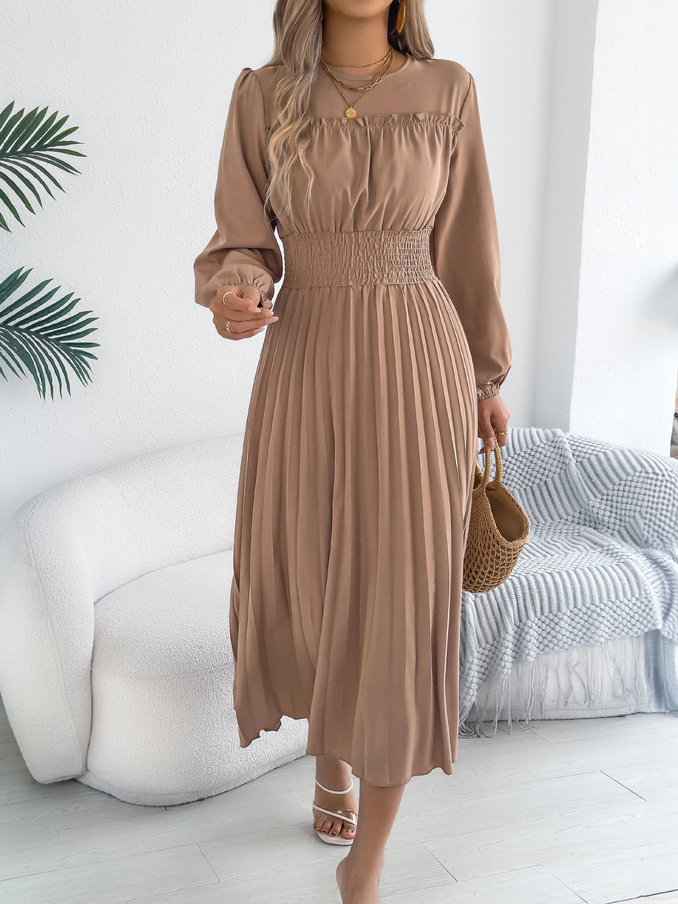 Elegant Dresses Women 2026 Autumn Winter Casual Solid Color High Waist Long Sleeve Maxi Dress Khaki Green Blue Woman Clothing