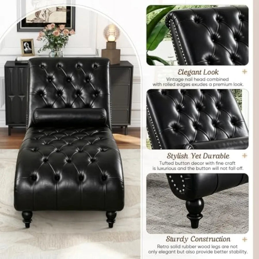 Black Faux Leather Chaise Lounge with Toss Pillow
