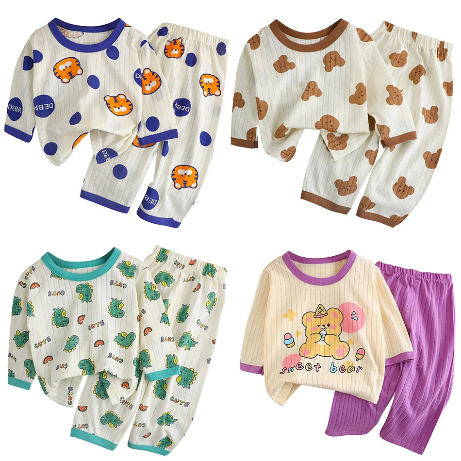 Kids' Cartoon Bear Long Sleeve Pajamas Set | Soft Breathable Sleepwear Boys & Girls
