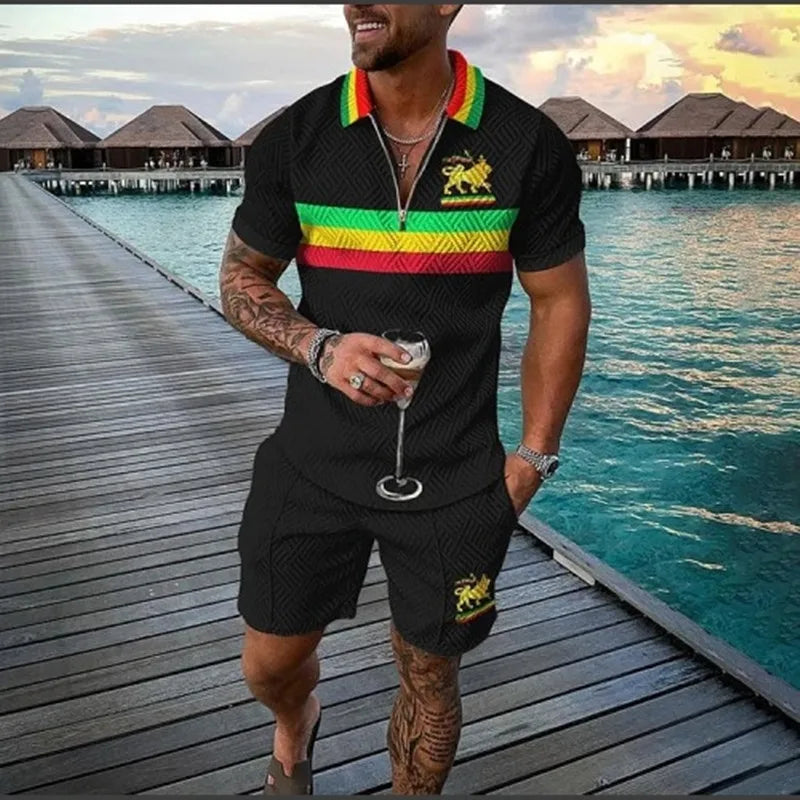 Men's 3D Printed Summer Tracksuit Set – Short Sleeve Polo Shirt & Shorts